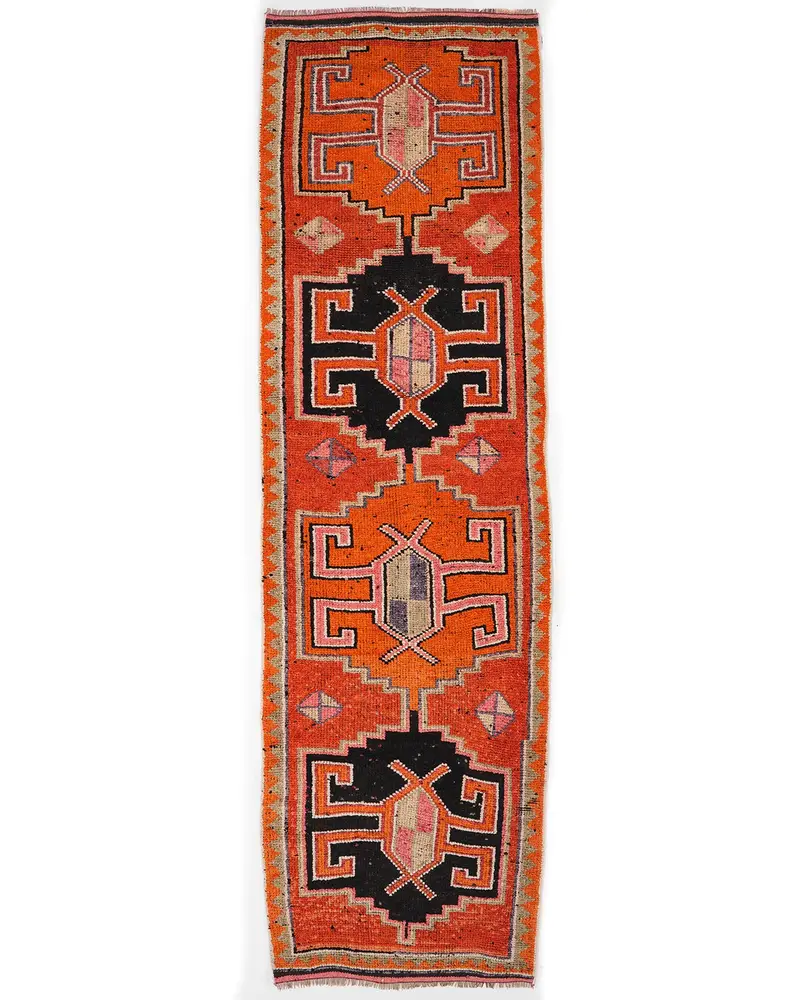 Turuncu & Siyah Çizgili Halı, 3,1x11 ft Geometrik Tasarım