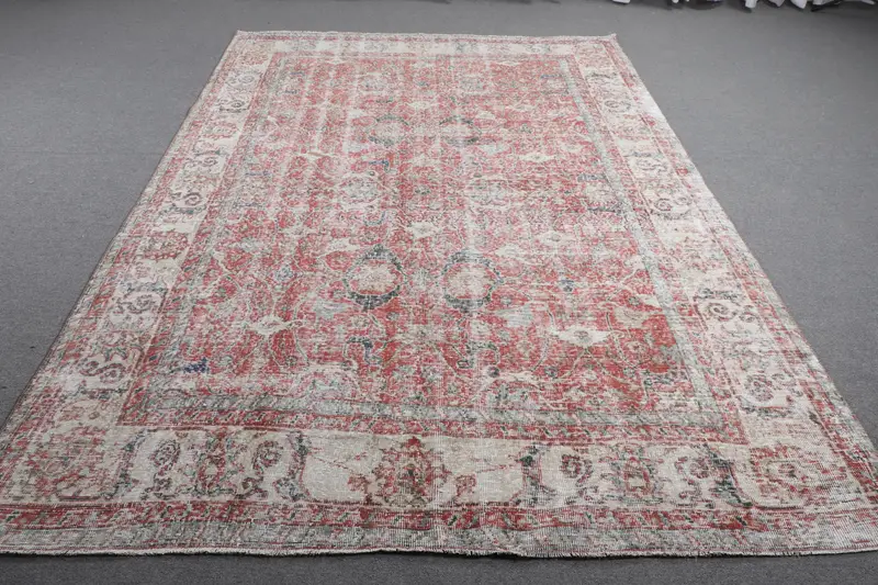 Vintage Halı, Büyük 6.8x10 ft Türk Halısı, Kırmızı İkat Yün Halı - 1