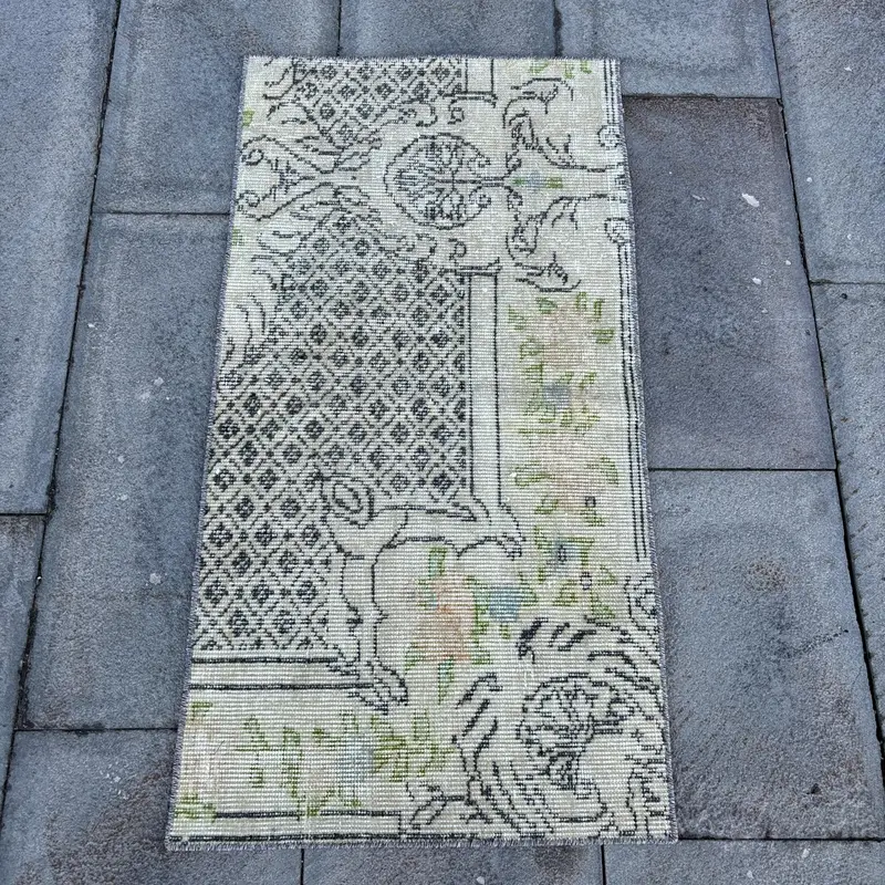 1.7x3.2 ft Turkish Vintage Rug, Small Rug, Gray Green Solid Wool Rug - 1