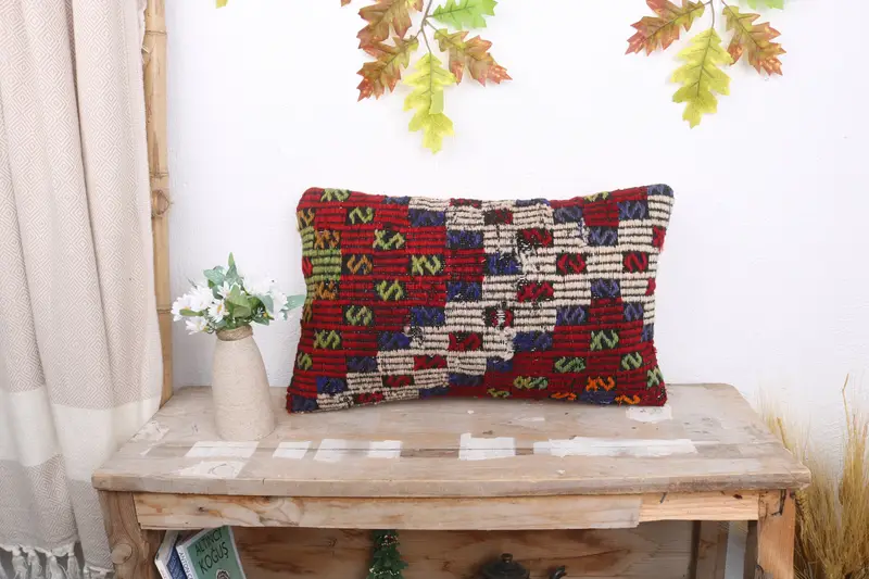 Toss Pillow Case, Pillow Sham, Vintage Kilim Pillow, Square Throw Cushion Case, Gift Pillow, 12x20 Red Cushion Cover, Pillow for Sofa - 1