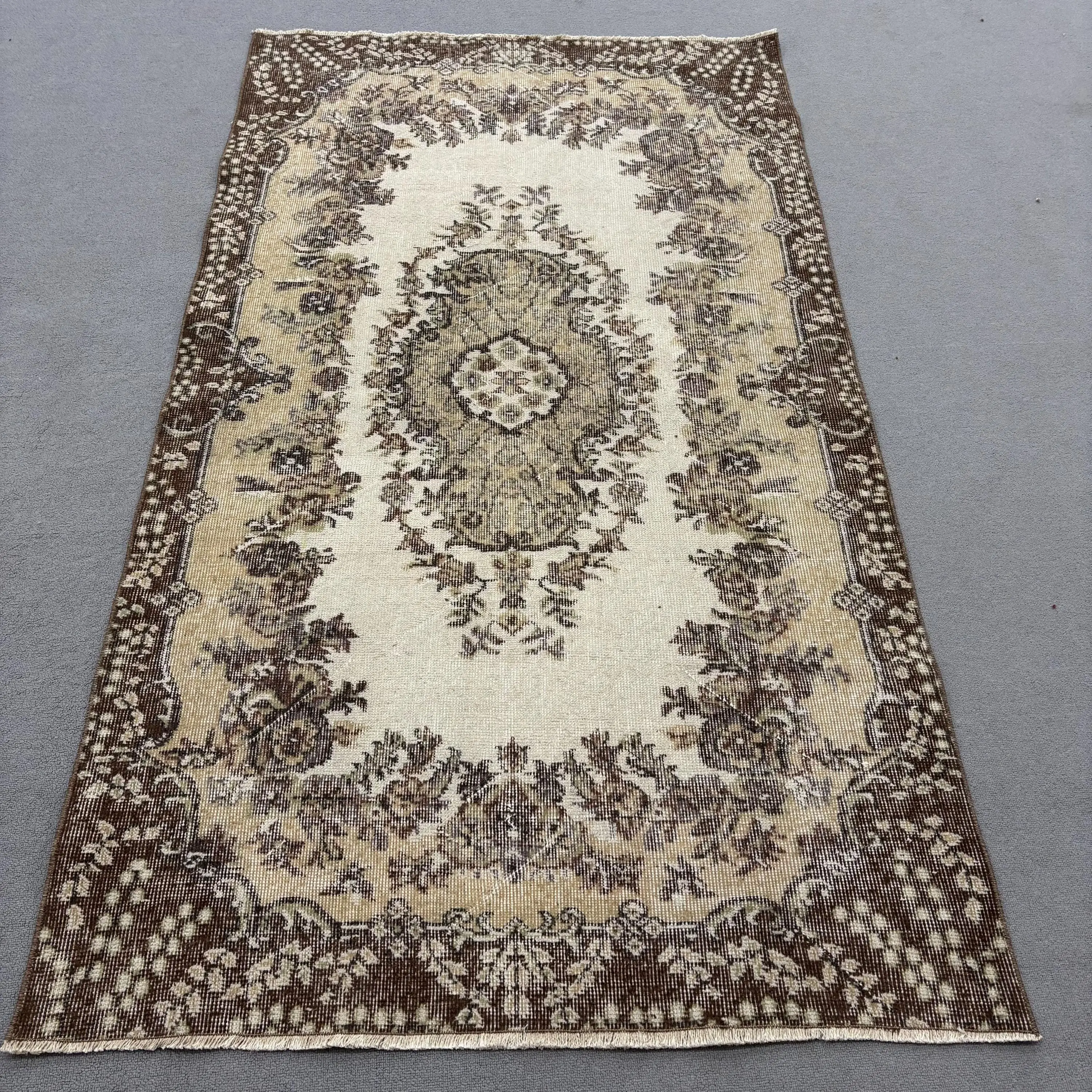 Turkish Vintage Rug, 3.7x6.6 ft Area Rug, Brown Beige Ikat Wool Rug - 1
