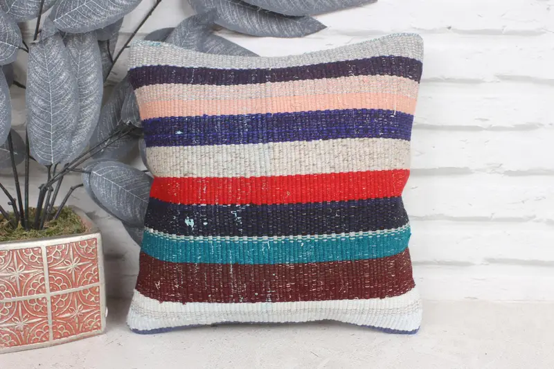 12x12 Blue Cushion Cover, Boho Pillow, Kilim Pillow, Pillow Sham, Ethnical Kilim Rug Pillow, Bright Pillow Cover, Bolster Cushion Cover - 1