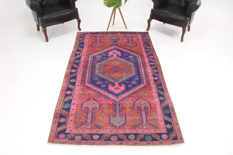 4,3x7,8 ft Oushak Teppich, türkischer Vintage Teppich, rot blauer Patchwork Teppich - 1