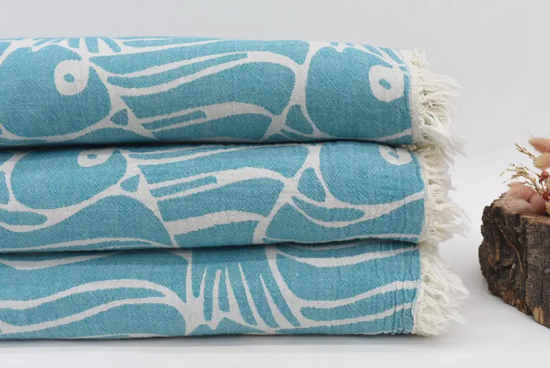 Turkish Blanket, Wedding Hand Made Gift, Tablecloth, Bachelorette Gifts, Wedding For Favor, 88x80 Cotton Fish Design Towel, Custom Shower Curtain - 2