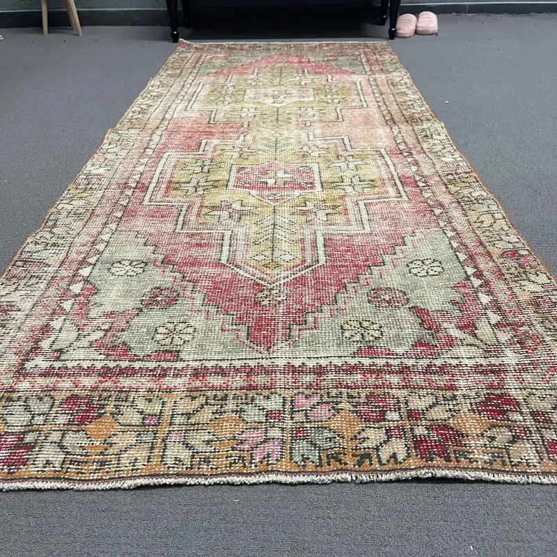 3.5x8.3 ft Oushak Vintage Rug, Red Patchwork Turkish Rug Wool - 1