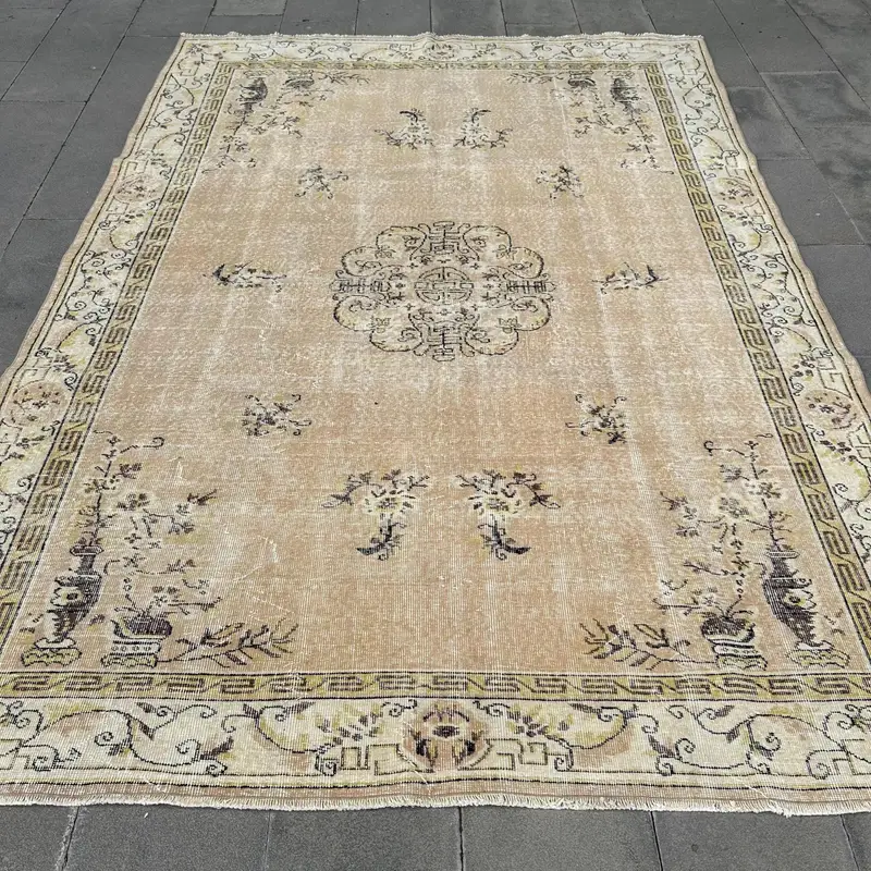 6.8x9.7 ft Turkish Large Rug, Brown Yellow Vintage Striped Wool Rug - 1