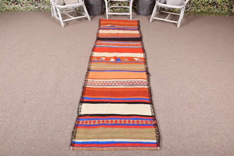 2,5x9 ft Läufer Türkischer Vintage Teppich, Orange gepunkteter Wollteppich - 1