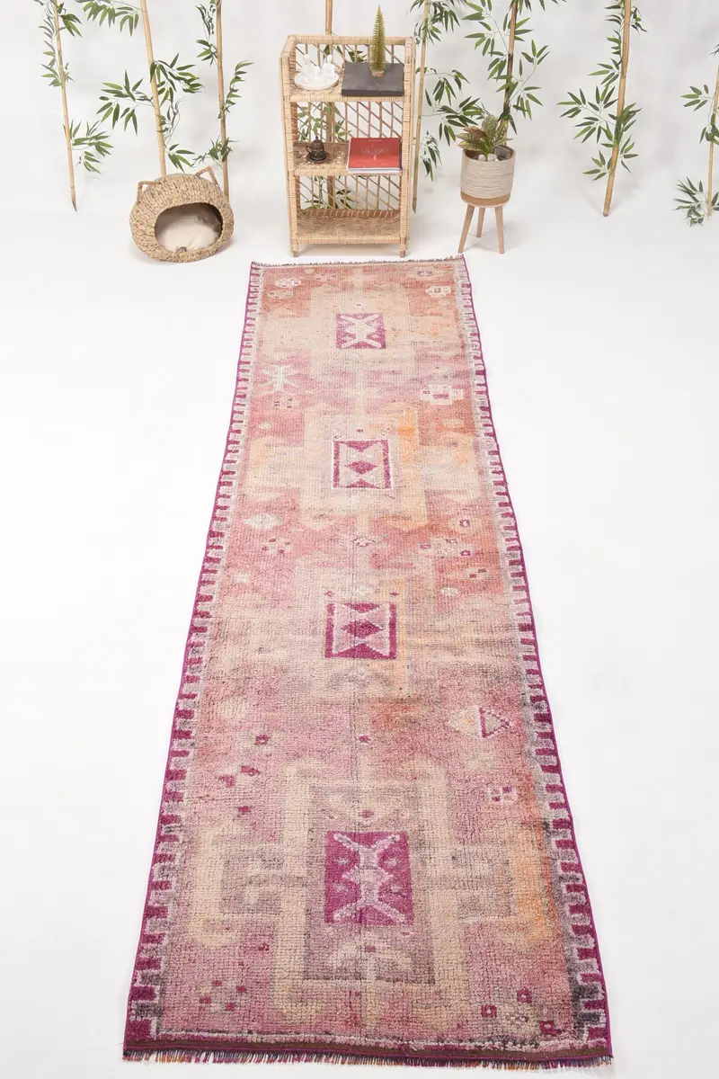 Vintage Herki Rug 3x10.7 ft, Purple Beige Floral Wool Turkish Rug - 1
