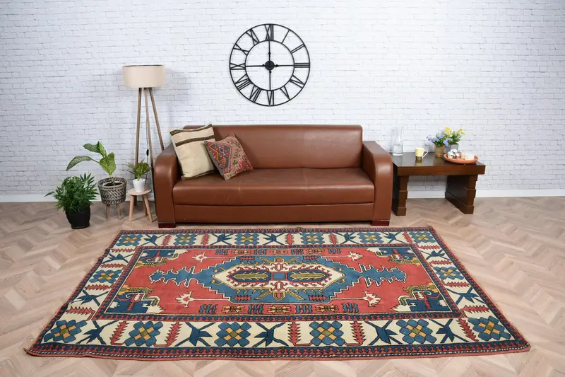 5.5x8.5 ft Large Vintage Rug, Red Check Turkish Rug - 1