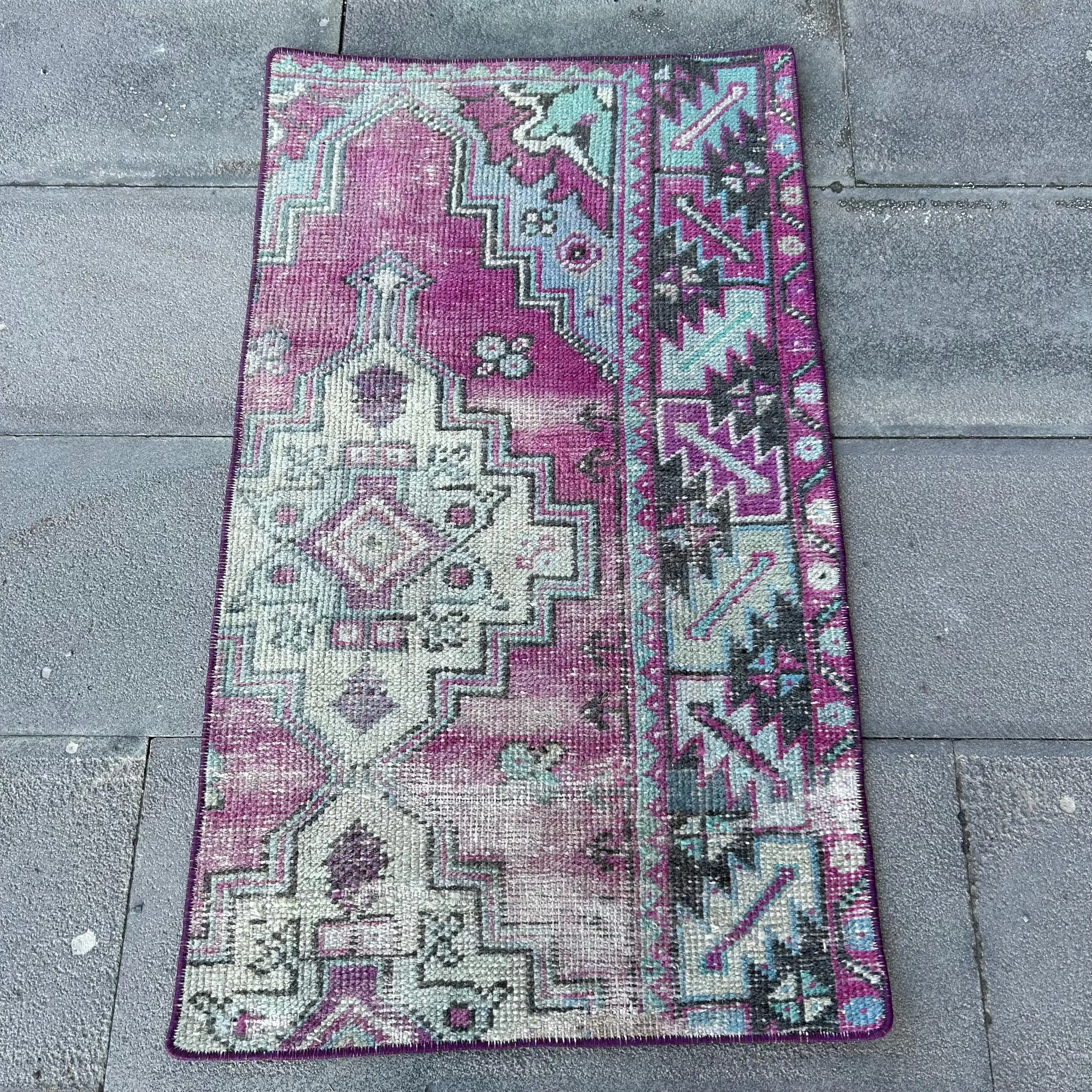 2x3.4 ft Rug, Vintage Rug, Turkish Purple Wool Floral Rug - 1