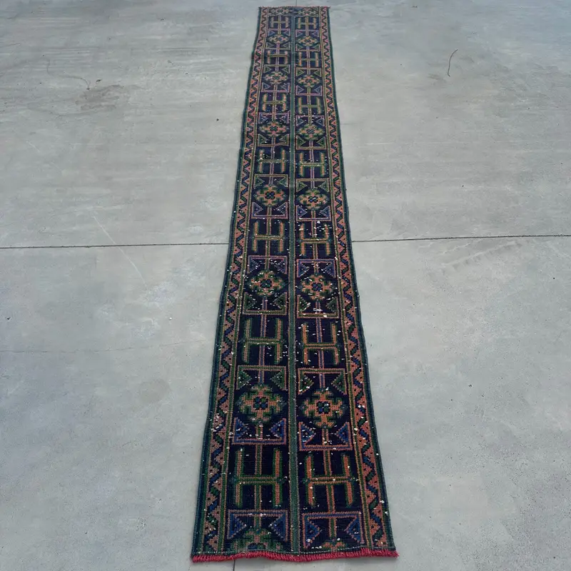 Alfombra vintage turca, alfombra corredor de 1,3x9,9 pies, alfombra azul del suroeste de Oushak - 1