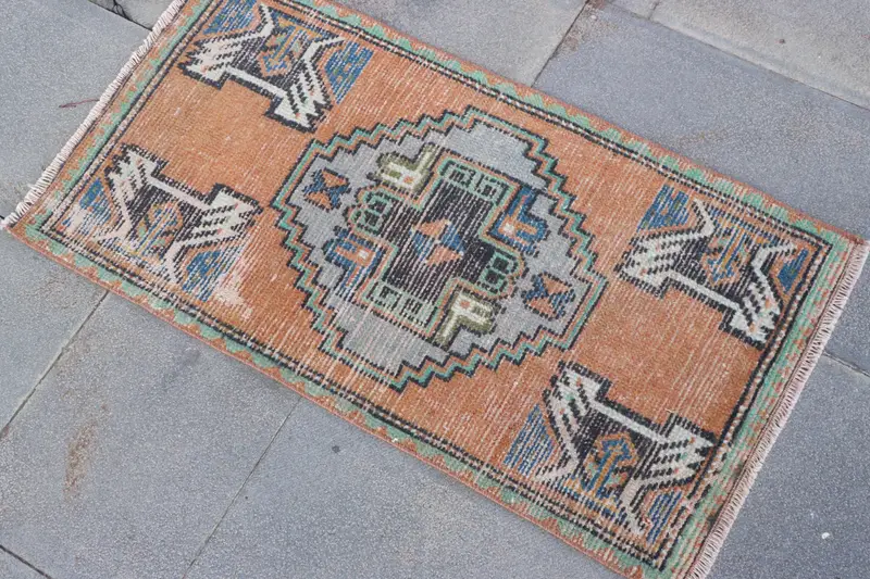 Vintage Rug, 1.5x2.9 ft Small Turkish Rug, Oushak Brown Blue Moroccan Rug - 1
