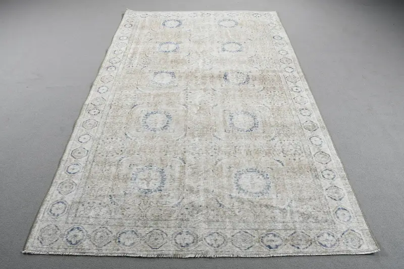 Alfombra vintage turca de 5,1x8,4 pies, alfombra de lana a rayas blancas Oushak - 1