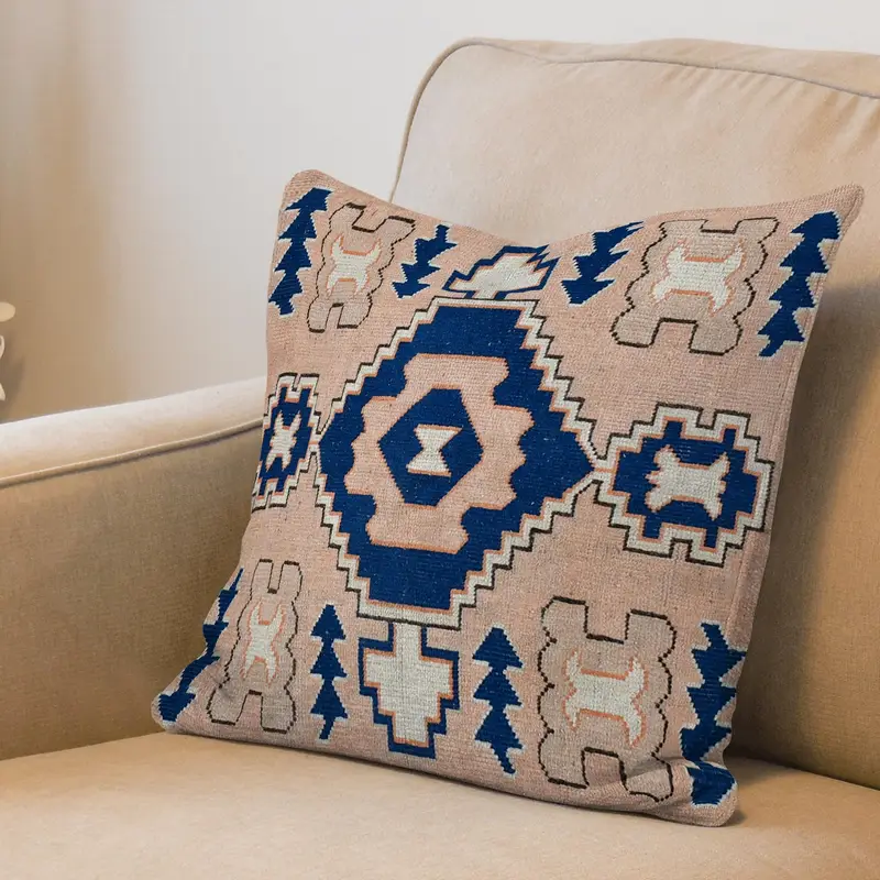 Blue Ethnic Printed Pillow: Farmhouse Chic Home Decor Accent