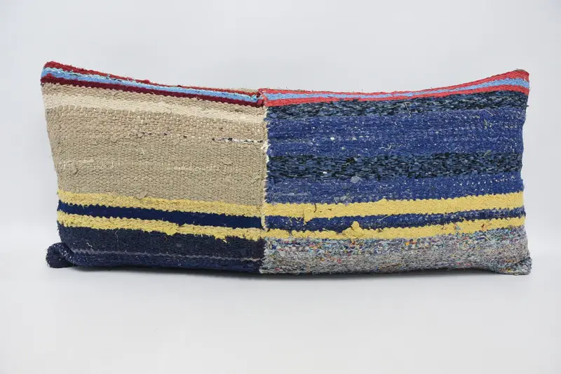Vintage Kilim Throw Pillow, Neutral Throw Cushion Case, Boho Pillow Sham Cover, 16x36 Blue Pillow Case, Pillow Case, Kilim Cushion Sham - 1