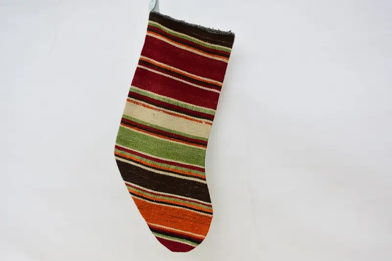 Red Christmas Stocking with Green Ornaments, 9 Inch Wide Stocking