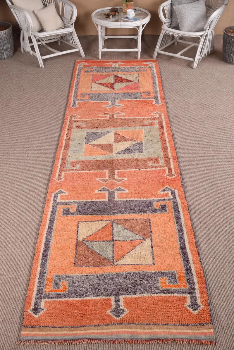 Türk Herki Yolluk Halısı 3,1x11,2 ft (95x342 cm), Vintage Turuncu Puantiyeli Yün Halı - 1