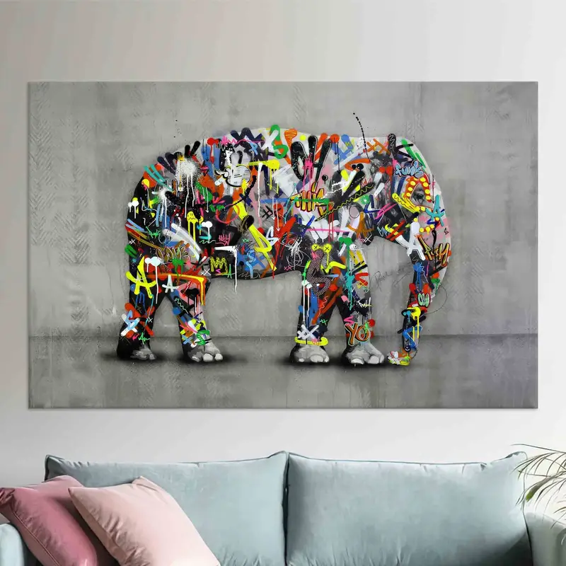 鮮やかな象のグラフィティ キャンバス プリント - 抽象アート装飾