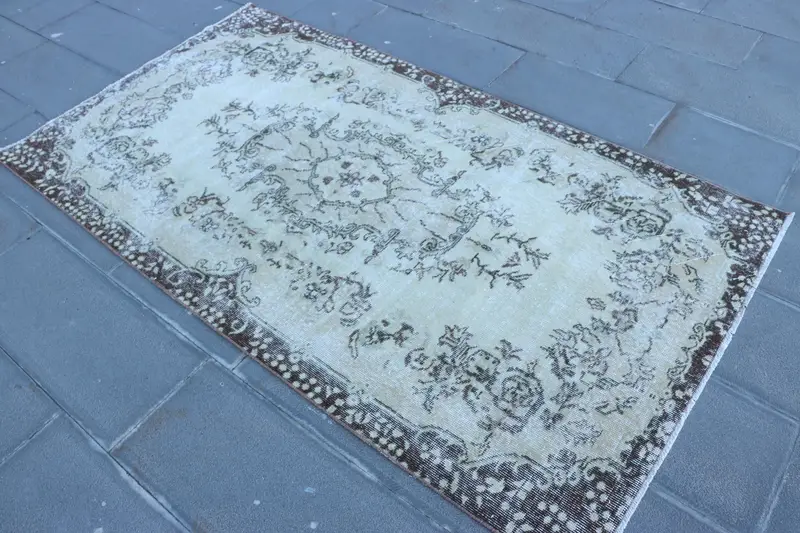 3.8x6.9 ft Vintage Rug, Turkish Area Rug, Brown White Floral Rug - 1