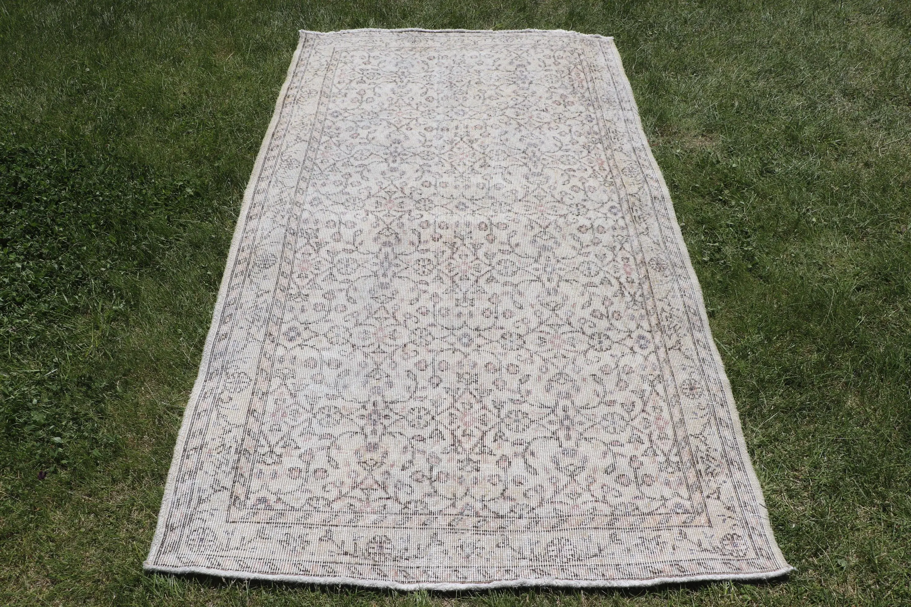 Turkish Rug, Area 3.8x6.8 ft Vintage Rug, Gray Pink Floral Wool Rug - 1