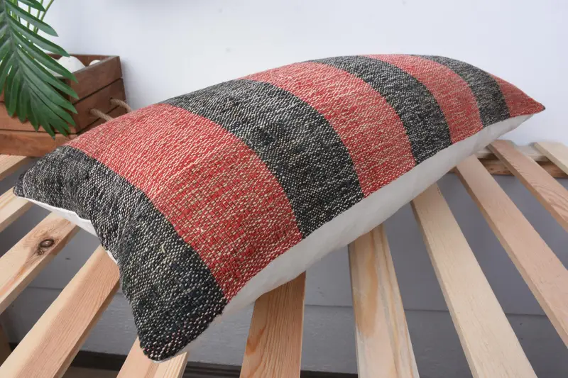 Crochet Pattern Cushion Case, Pillow Sham, Ethnical Kilim Rug Pillow, 12x24 Red Pillow Case, Handmade Kilim Cushion, Boho Pillow Sham Cover - 6
