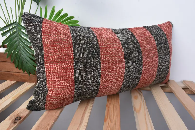 Crochet Pattern Cushion Case, Pillow Sham, Ethnical Kilim Rug Pillow, 12x24 Red Pillow Case, Handmade Kilim Cushion, Boho Pillow Sham Cover - 5