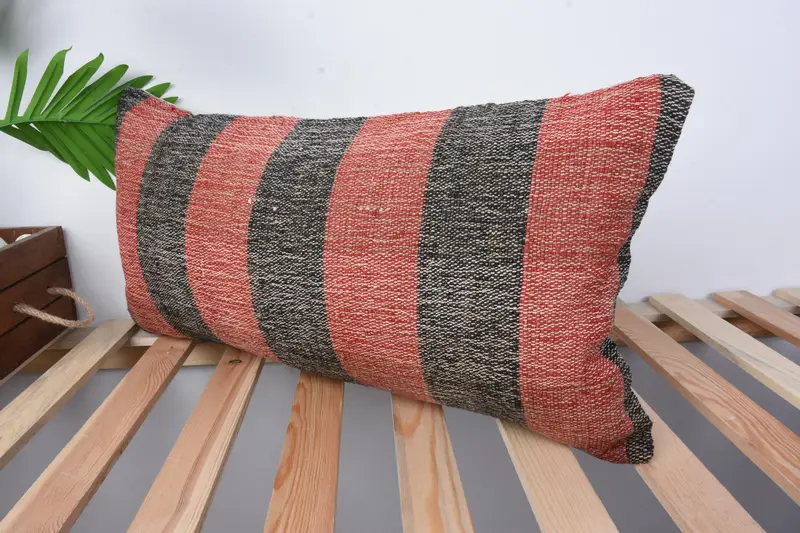 Crochet Pattern Cushion Case, Pillow Sham, Ethnical Kilim Rug Pillow, 12x24 Red Pillow Case, Handmade Kilim Cushion, Boho Pillow Sham Cover - 4
