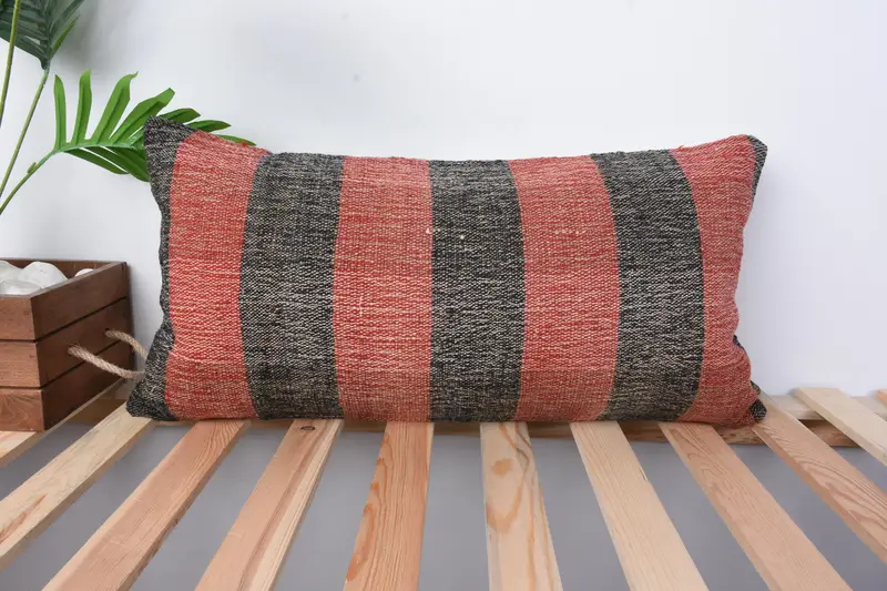 Crochet Pattern Cushion Case, Pillow Sham, Ethnical Kilim Rug Pillow, 12x24 Red Pillow Case, Handmade Kilim Cushion, Boho Pillow Sham Cover - 1