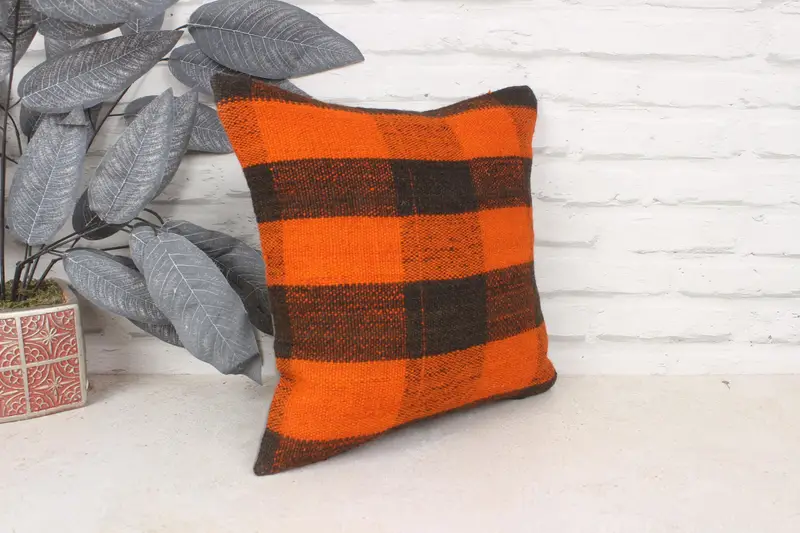 Kilim Pillow, Wool Kilim Pillow Cushion Case, Boho Pillow, Christmas Pillow Sham, Kilim Cushion Sham, 14x14 Orange Cushion Cover, Cushion Cover - 3