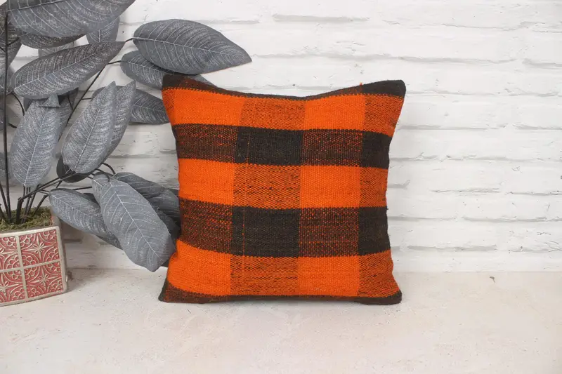Kilim Pillow, Wool Kilim Pillow Cushion Case, Boho Pillow, Christmas Pillow Sham, Kilim Cushion Sham, 14x14 Orange Cushion Cover, Cushion Cover - 1