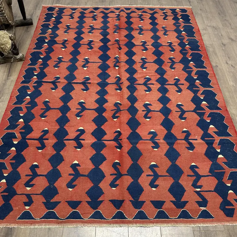 Red and Blue Rug, 6x8 ft Floral and Geometric Design