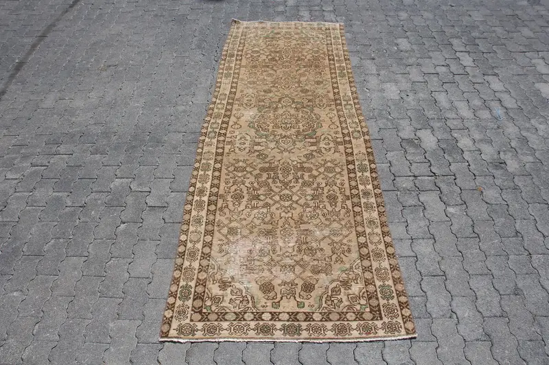 Turkish Rug, 3.37x9.3 ft Runner Rug, Brown Green Oushak Wool Rug - 1