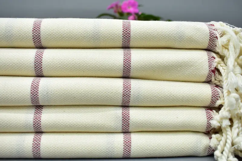 Beach Towel Red Striped Turkish Cotton Embroidered, 67x38 Inches