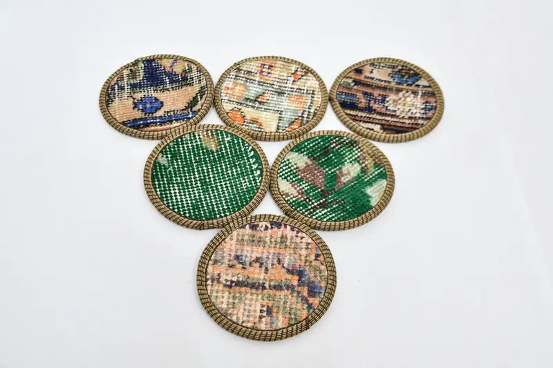 Bohemian Green and Beige Round Coasters, Stylish Bohemian Coasters