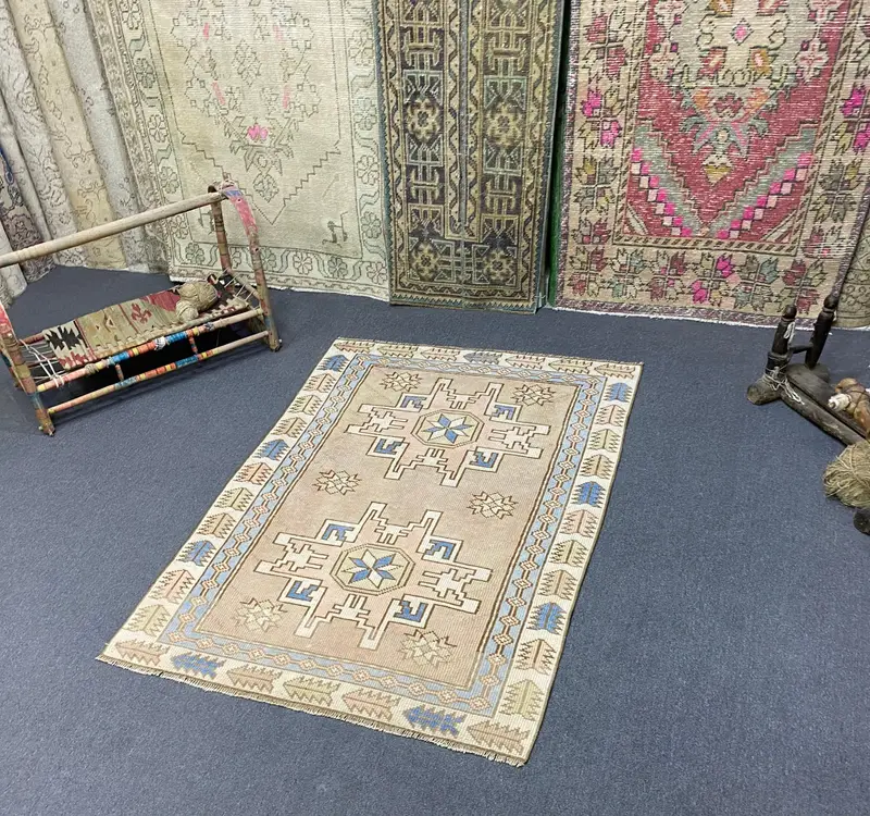 Mavi Çiçekli Halı, 3,4x5,1 ft Kahverengi Desenli