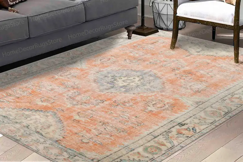 Medaillon-Teppich mit Blumenmuster in Orange und Braun, antik bedruckt, Vintage-Design