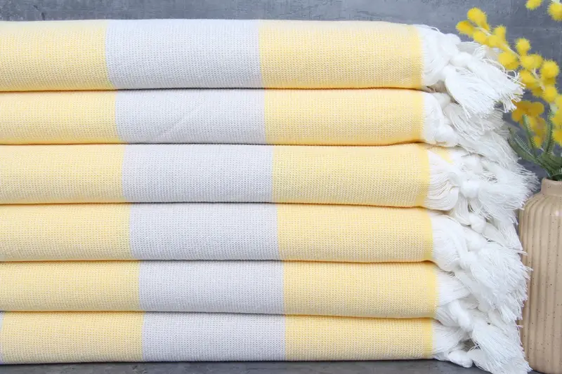 Organic Cotton Towel Yellow-Beige Stripes, Turkish Beach Towel, 36x71 Inches