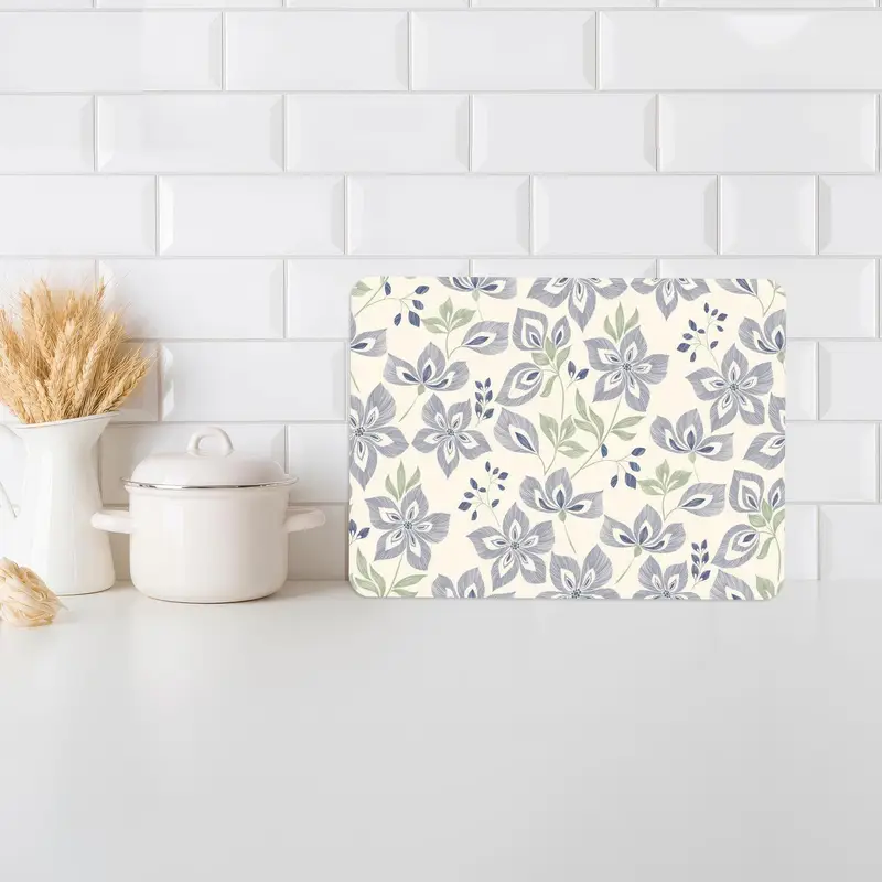 Mavi Çiçek Desenli Cam Kesme Tahtası, Temperli Güvenlik Tasarımı