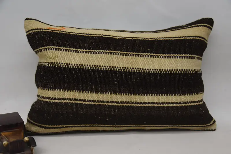 Beige & Braun gestreiftes Wurfkissen, 16x24 handgemachtes Kissen