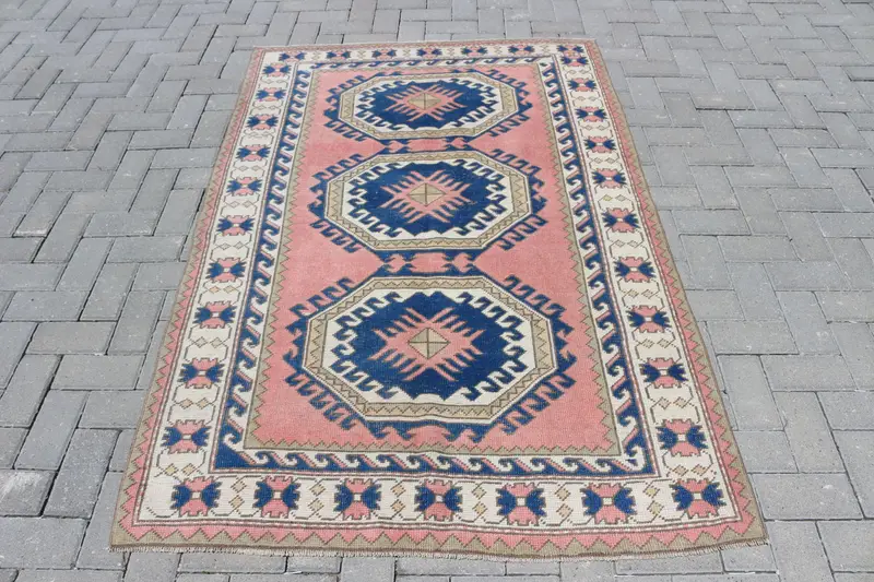 Türk Vintage Halısı 4.1x6.1 ft (124x186 cm), Oushak Mavi Yün Halı - 1