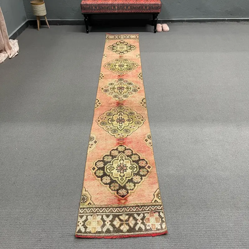 Vintage Turkish Runner Rug 1.7x10.9 ft, Red Green Striped Wool Rug - 1