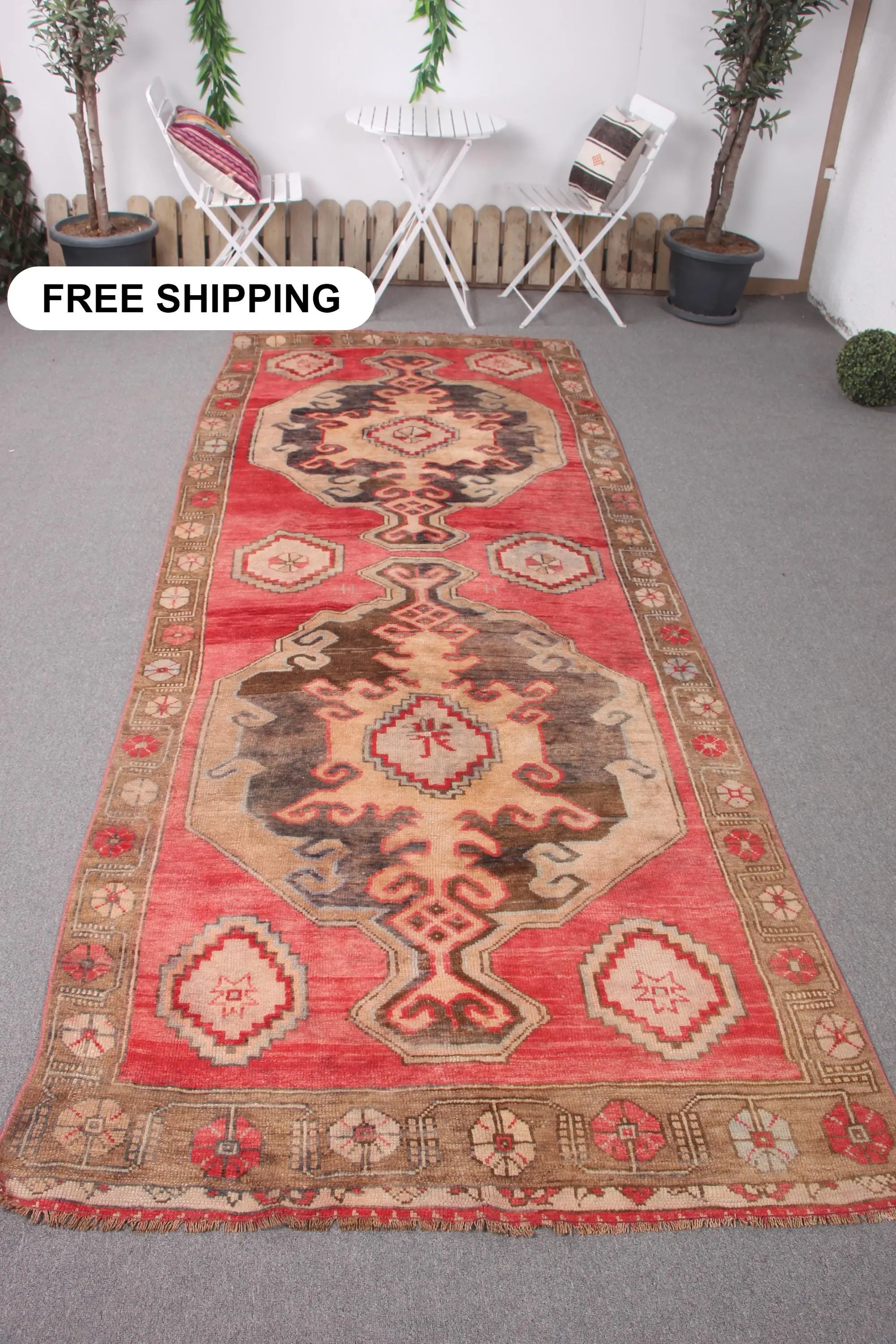 Türkischer Vintage großer Teppich 4,3 x 10,7 Fuß, roter Wollteppich - 1