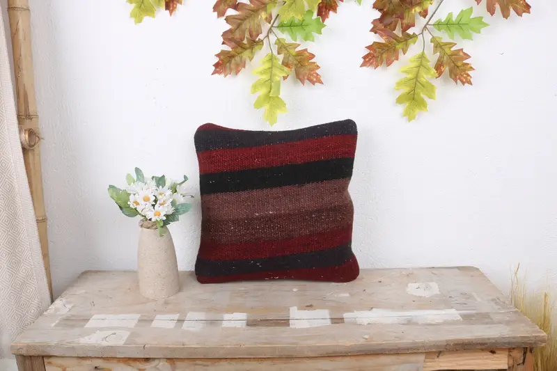 Cushion Case, Ethnic Pillow Cover Pillow Case, Vintage Kilim Throw Pillow, Boho Pillow, Boho Pillow Sham Cover, 12x12 Red Pillow Case - 1