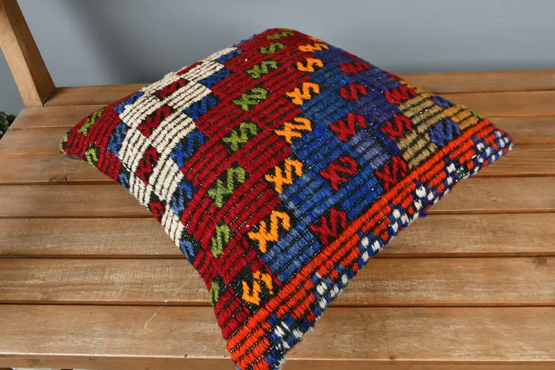 Cushion Case, Kilim Pillow Cover, Armchair Pillow Cover, Ethnical Kilim Rug Pillow, Toss Cushion, Boho Pillow Sham Cover, 16x16 Red Cushion Cover - 2
