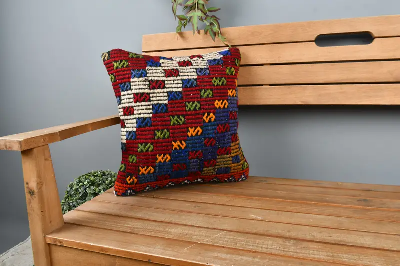 Cushion Case, Kilim Pillow Cover, Armchair Pillow Cover, Ethnical Kilim Rug Pillow, Toss Cushion, Boho Pillow Sham Cover, 16x16 Red Cushion Cover - 1