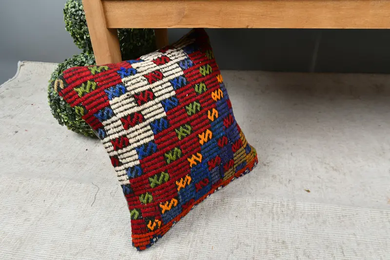 Cushion Case, Kilim Pillow Cover, Armchair Pillow Cover, Ethnical Kilim Rug Pillow, Toss Cushion, Boho Pillow Sham Cover, 16x16 Red Cushion Cover - 7