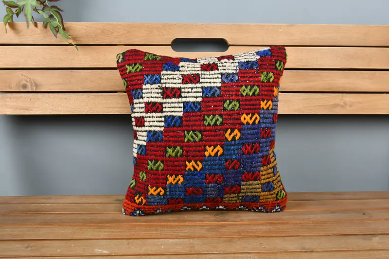 Cushion Case, Kilim Pillow Cover, Armchair Pillow Cover, Ethnical Kilim Rug Pillow, Toss Cushion, Boho Pillow Sham Cover, 16x16 Red Cushion Cover - 6