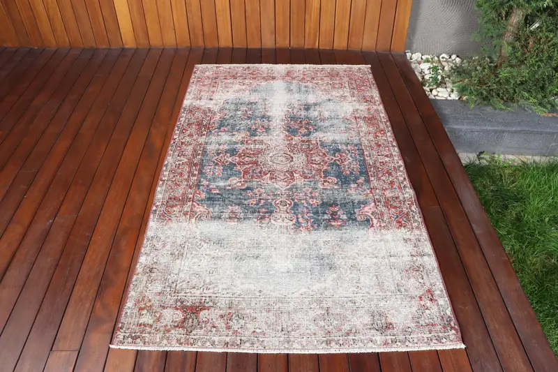 Turkish Vintage Rug, 3.6x6.1 ft Oushak Rug, Blue Check Wool Rug - 1