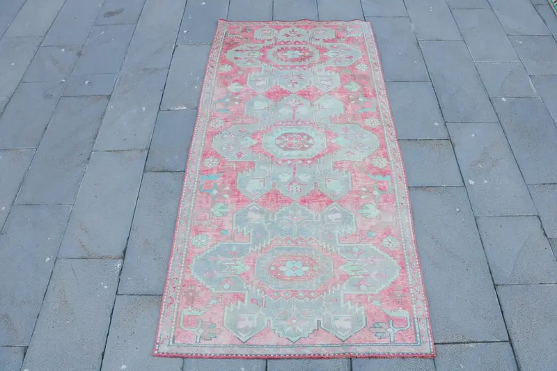 Turkish Accent Rug, 3.37x7 ft Vintage Rug, Pink Floral Wool Rug - 1