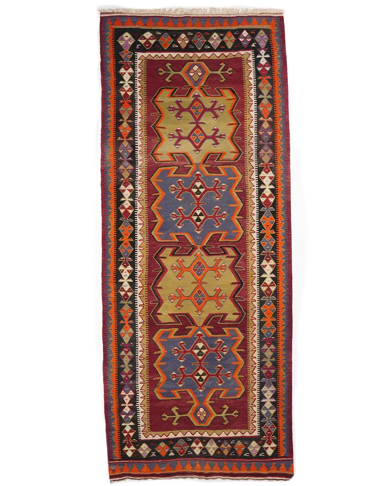 Kırmızı Oryantal Halı, Yeşil Desenli 5,1x12,5 ft